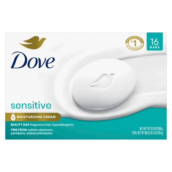 Dove Moisturizing Beauty Bar Soap Sensitive Skin, 3.75 oz, 16 Bars