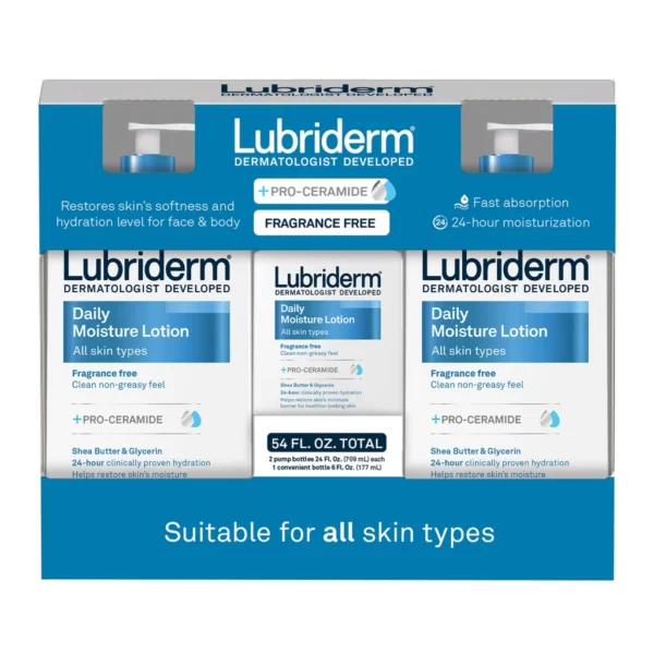 Lubriderm Daily Moisture Lotion, Fragrance Free 24 fl oz, 2-count + 6 fl oz Travel Size