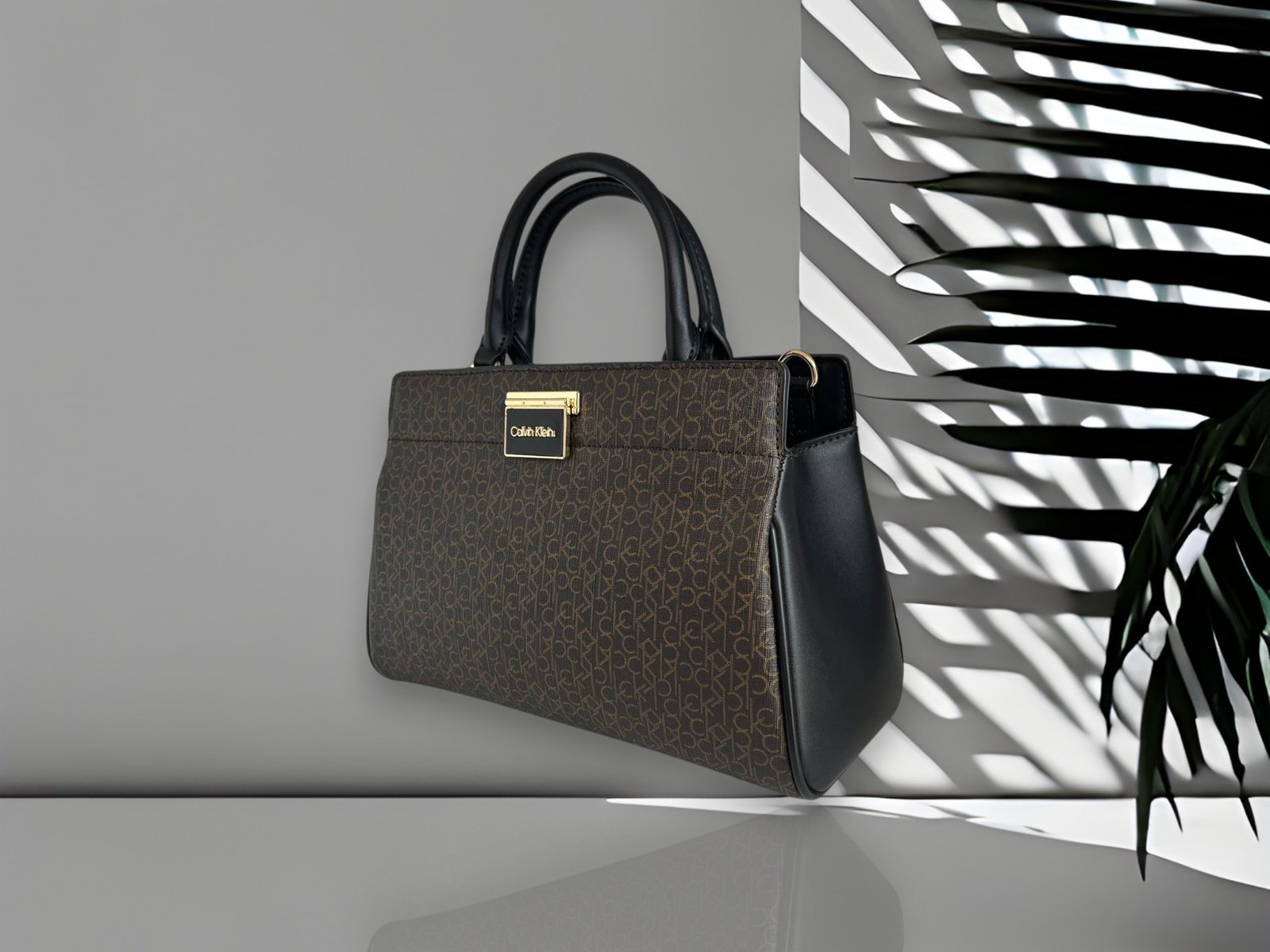 Calvin Klein Satchel 2way Bag Brown Leather Printed CK - Image 2