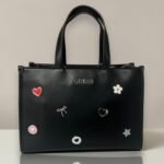 Guess Satchel Bag Leather Black Multi Francis With Leather Strap