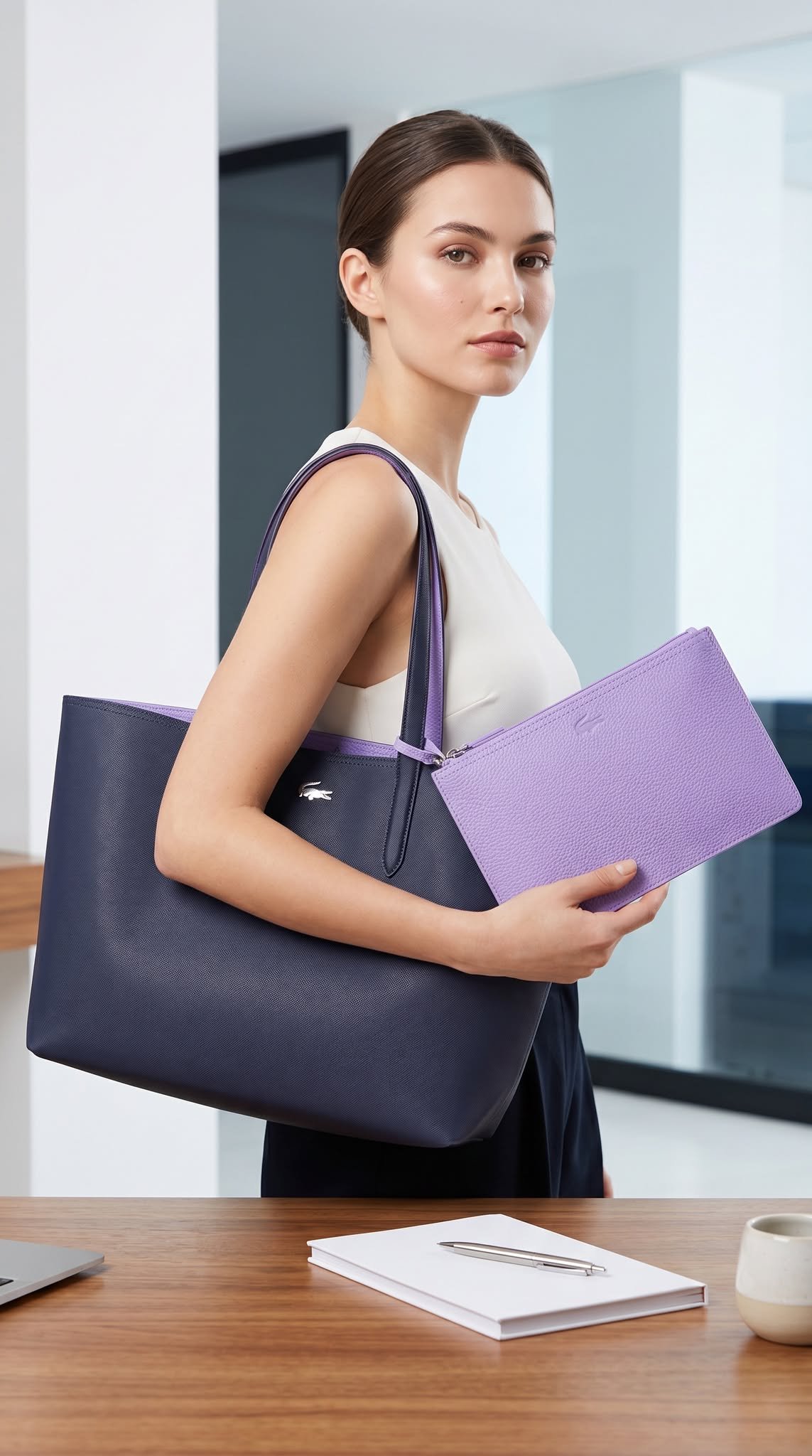 Lacoste Reversible Tote Bag with Pouch Bicolor Navy and Purple - Image 3
