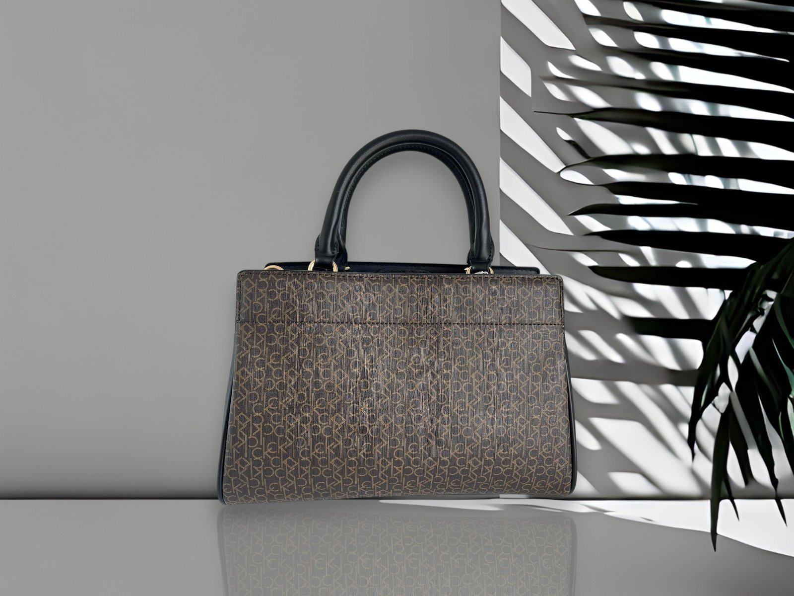 Calvin Klein Satchel 2way Bag Brown Leather Printed CK - Image 3