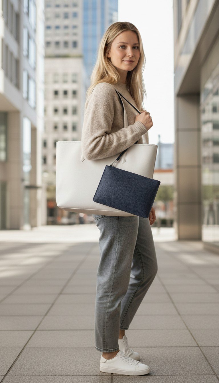 Lacoste Reversible Bicolor Tote Bag White and Navy Blue with a Removable Pouch. - Image 4