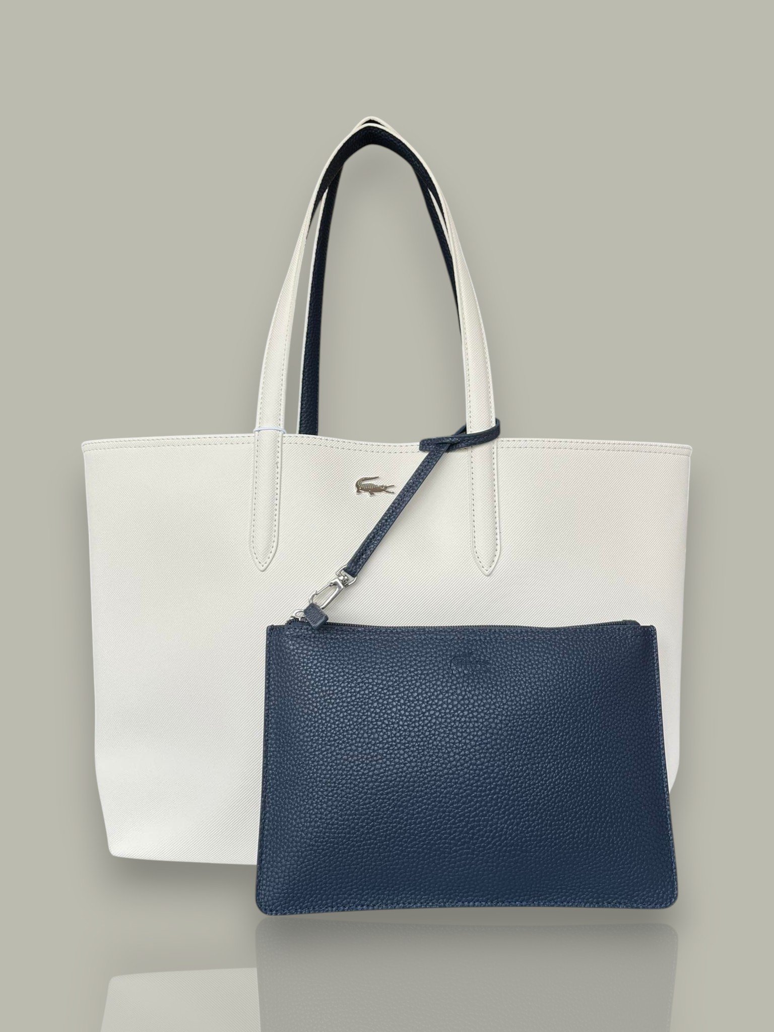Lacoste Reversible Bicolor Tote Bag White and Navy Blue with a Removable Pouch.