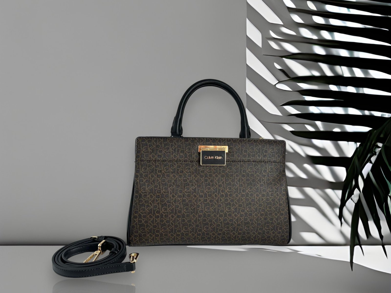 Calvin Klein Satchel 2way Bag Brown Leather Printed CK