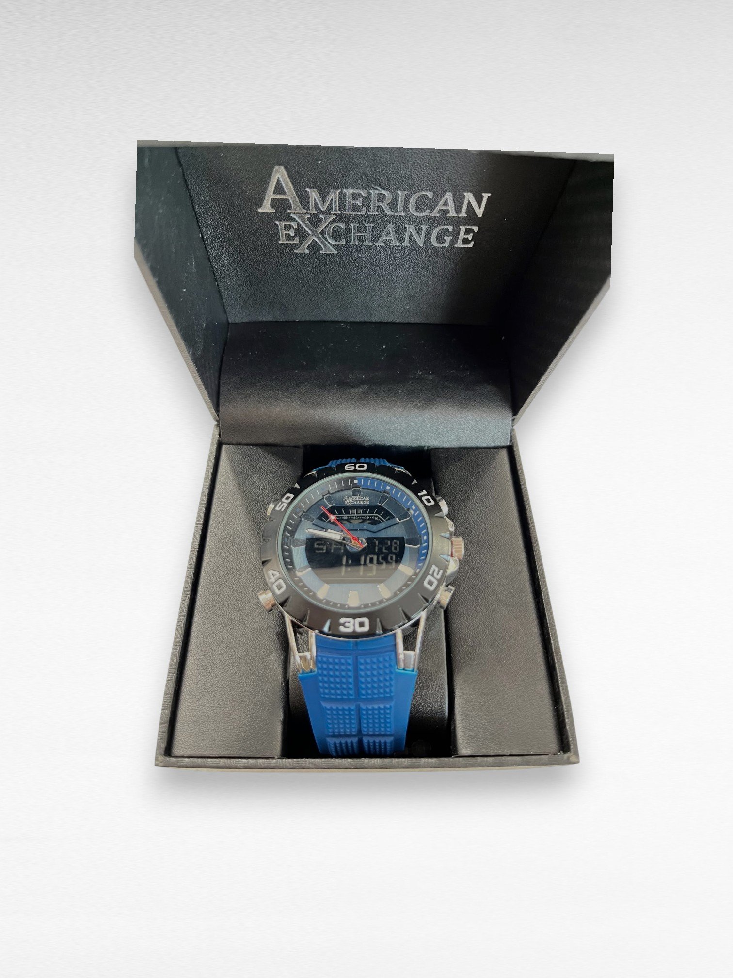 American Exchange Men's Watch Black/Blue Dial Silicone Blue Strap