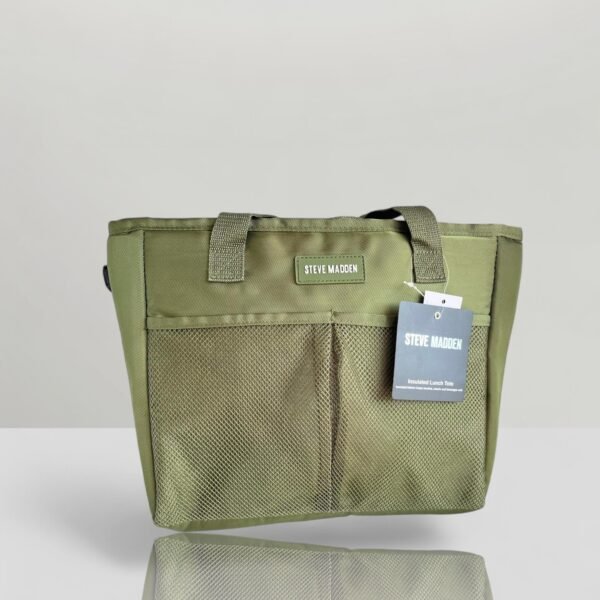 Steve Madden Olive Green Lunch Tote Bag with Mesh Front Pockets.